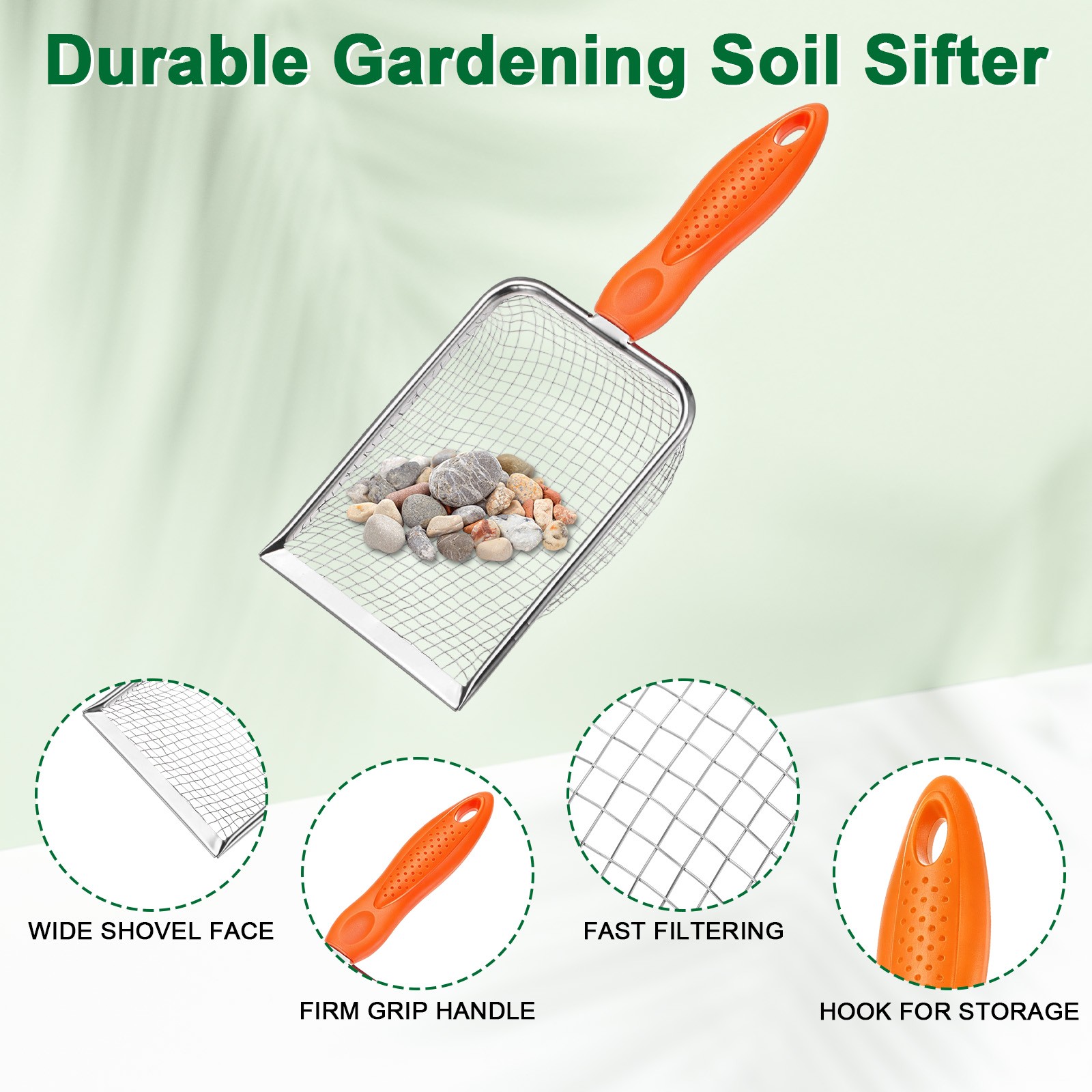4.3 mm Mesh Stainless Steel Gardening Soil Sifter for Rock [White, Orange]