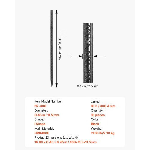 Rebar Stakes, 16-Inch, Heavy-Duty 0.45 in Diameter, Straight Galvanized Steel G
