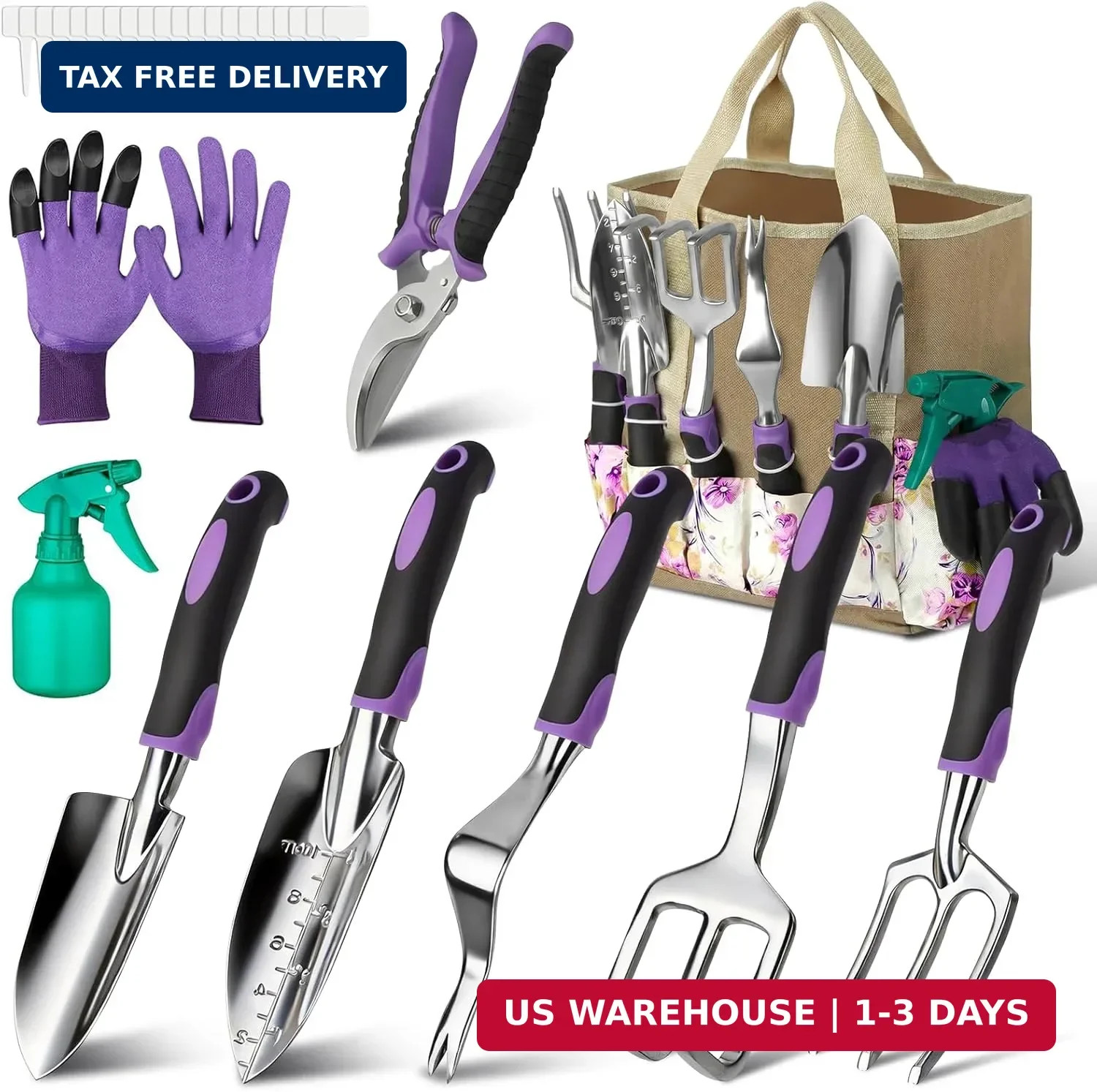 Garden Tools Set, 30 Piece Stainless Steel Gardening Kit with Vintage Floral Tot