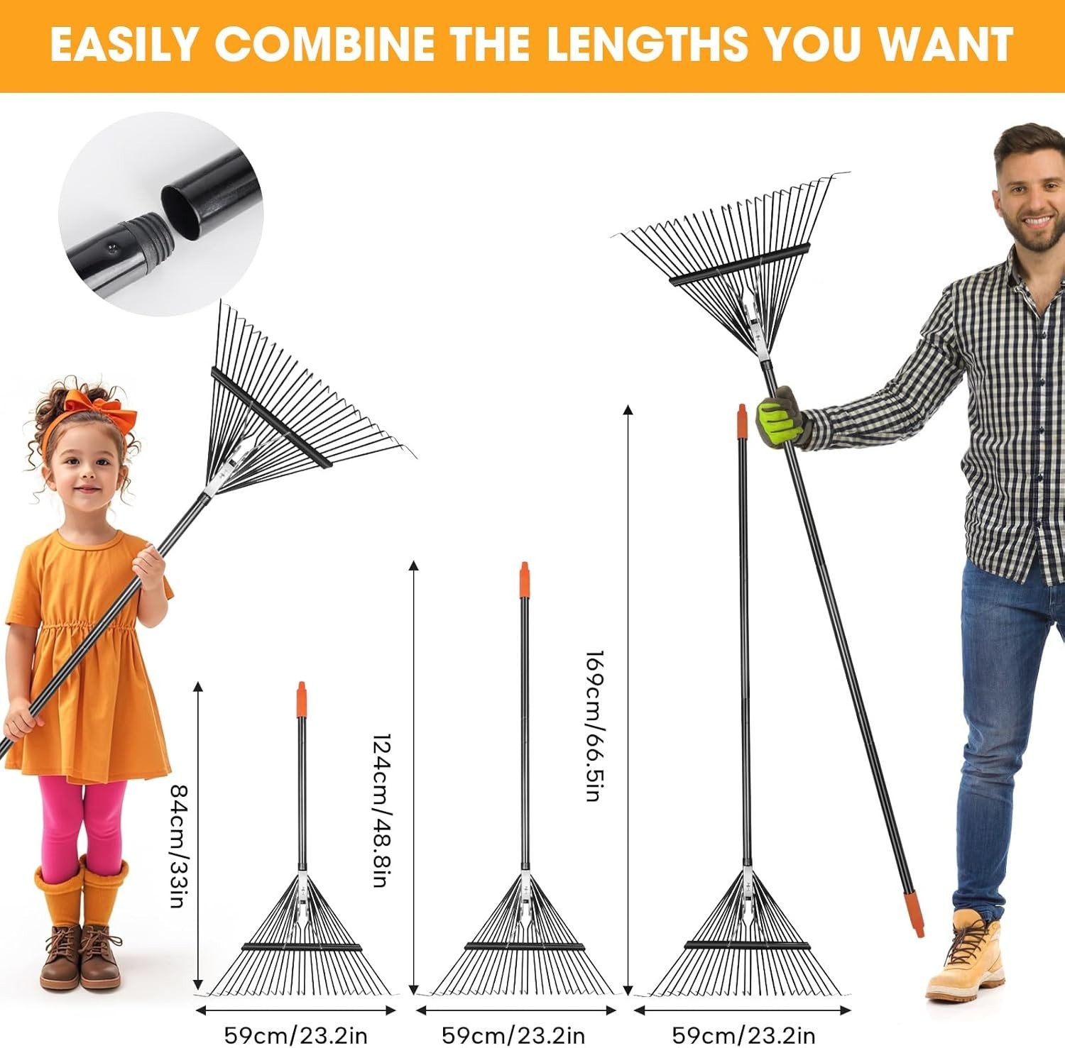 Lightweight 23.2″ Gardening Rake – Quick Assemble with Spiral Connection