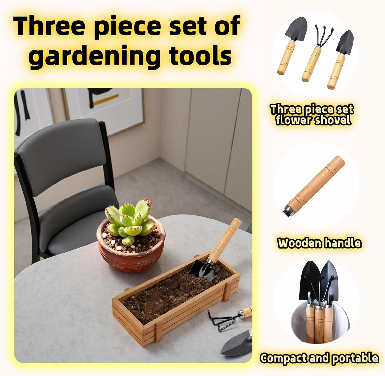 Mini Garden Tool Set with Wood Handles, Black Iron Trowel Transplanter Rake for
