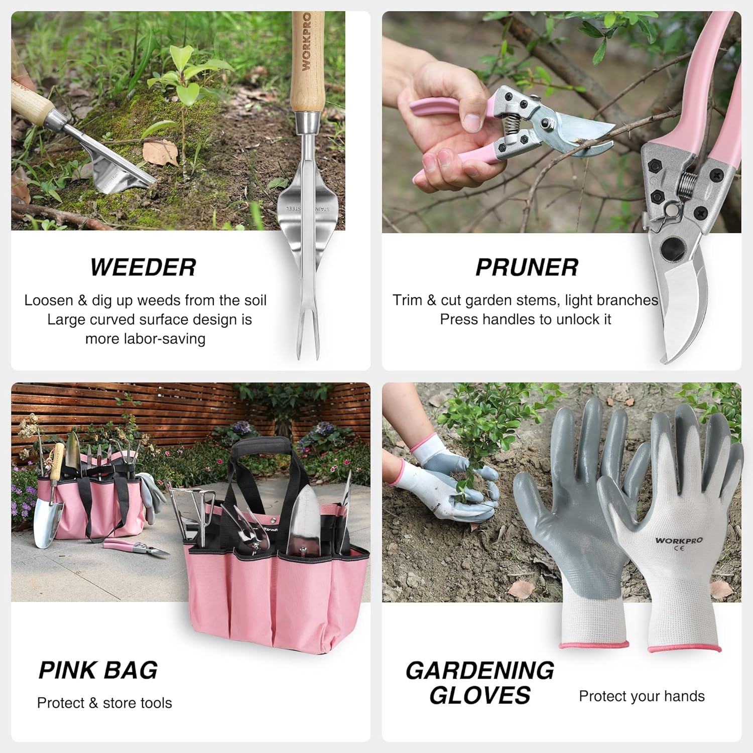 WORKPRO 8-Piece Pink Garden Tool Set Stainless Steel Gardening Tools Pink Ribbon