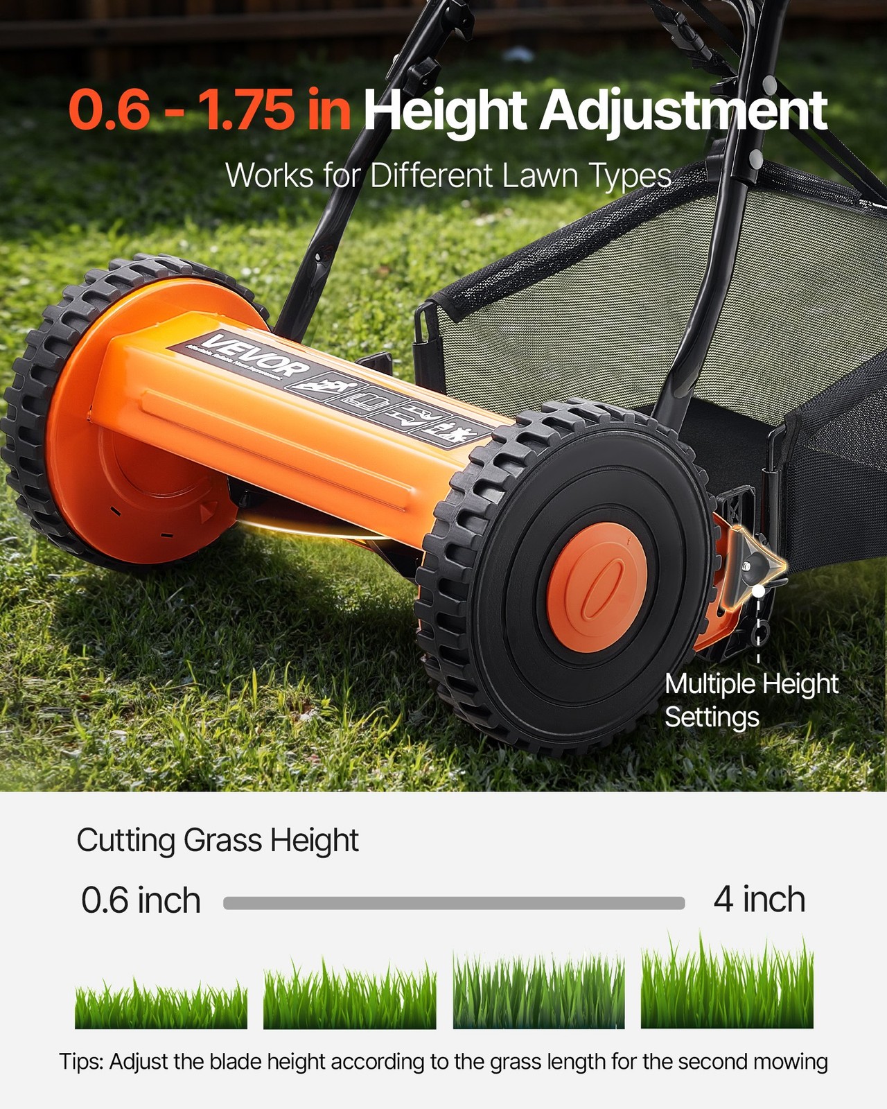 Push Reel Lawn Mower 16 inch,5 Blades Manual Push Mower No Motor,0.6-1.75 in Adj