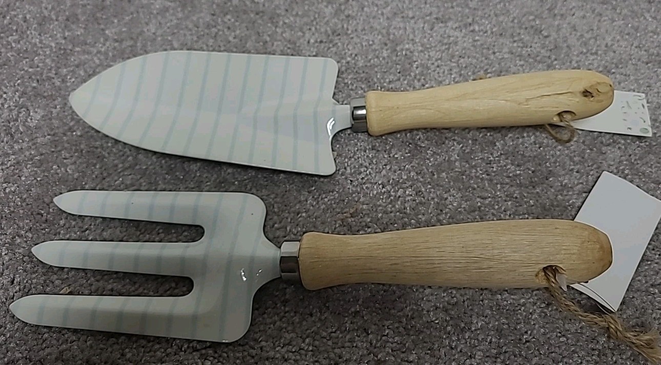 Garden Tool Set (2 pc) Metal Hand Trowel and Fork w/ Wood Handles and Hangers