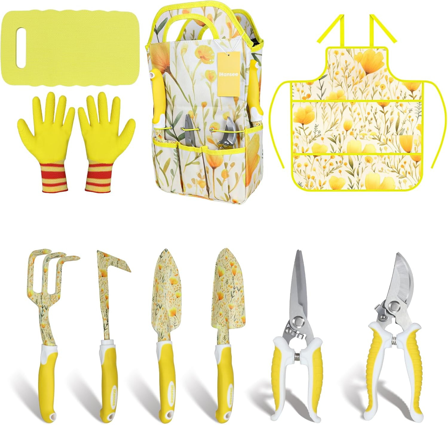 Yellow Garden Tools Set for Women, 10-Piece Gardening Tool Kit with Handbag, No