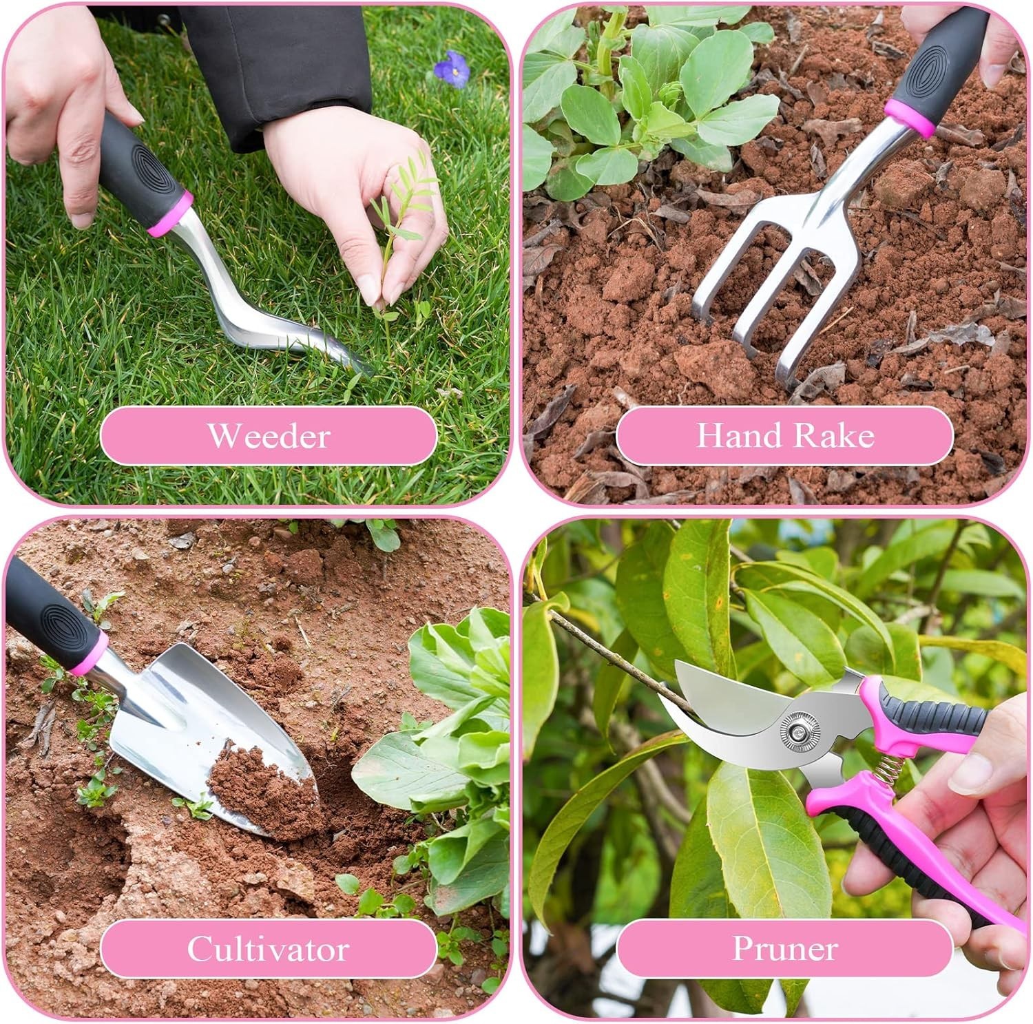 Pink Garden Tool Set 24PCS Heavy Duty with Detachable Waterproof Storage Bag
