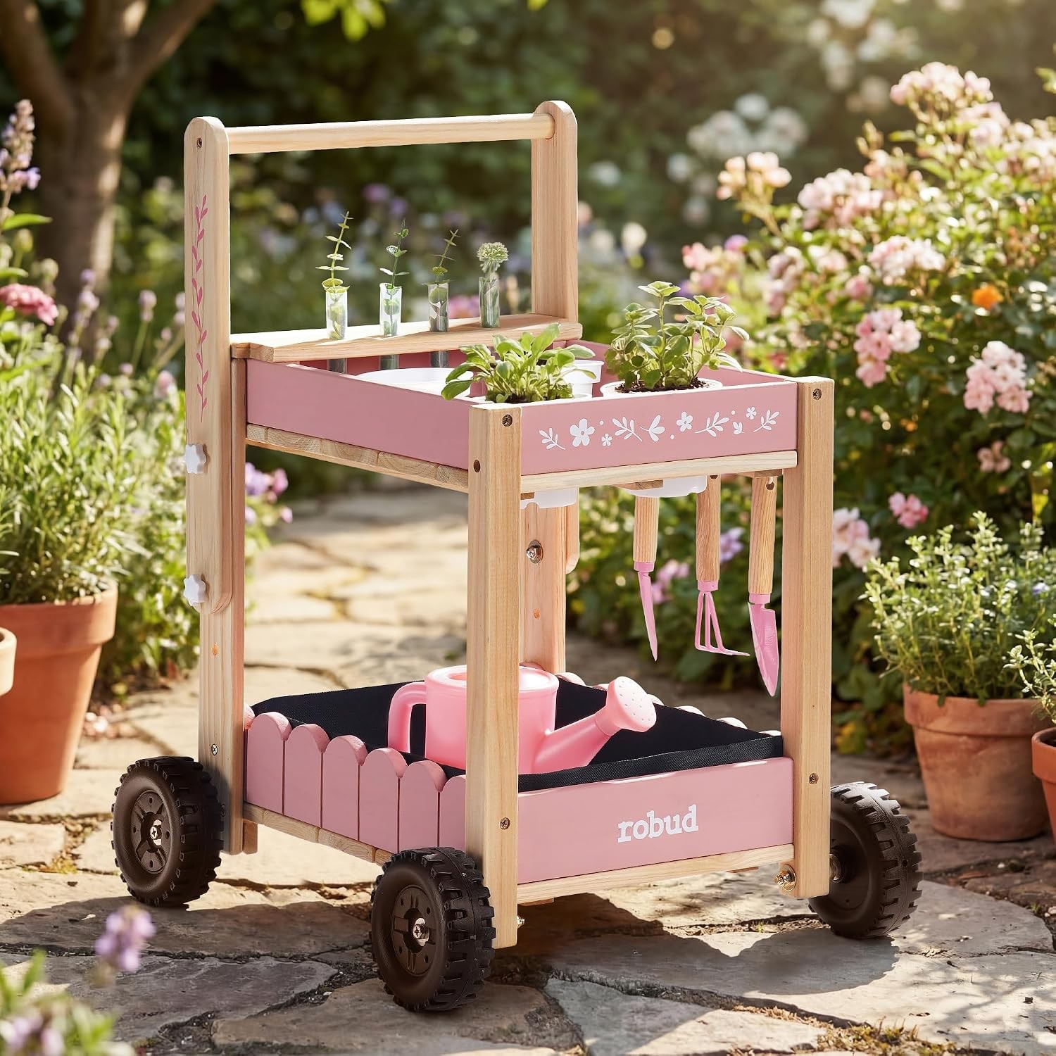 ROBUD Pink Kids Gardening Cart Set Wooden Wheelbarrow Watering Can