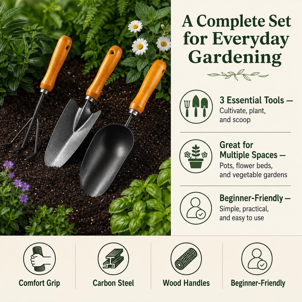 3-in-1 Heavy Duty Garden Tool Set, Carbon Steel Hand Tools with Ergonomic Handle