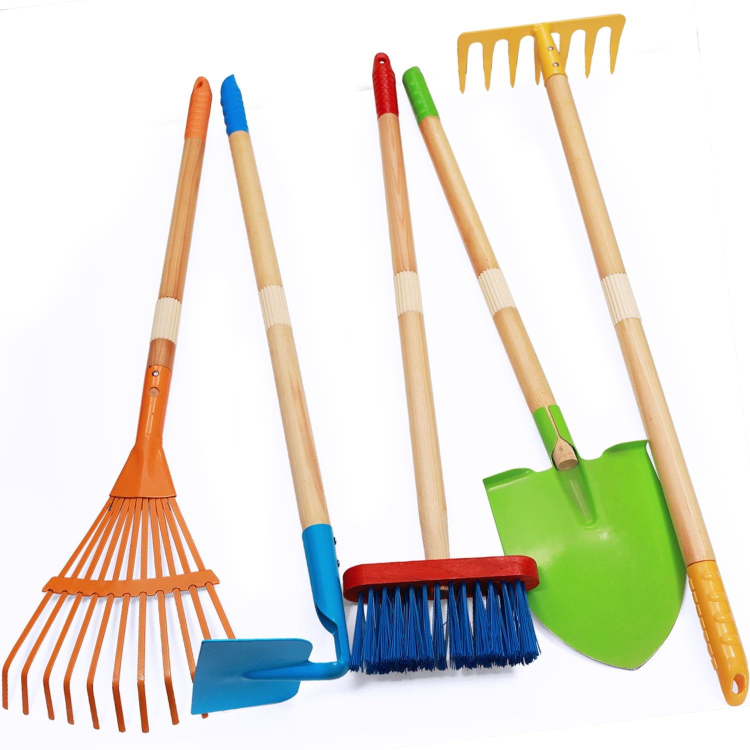 Kids Garden Tools Set – 5 Piece Shovel, Rake, Spade, Hoe, Broom for Ages 3-8