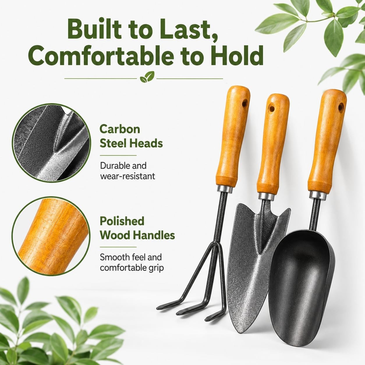 3-in-1 Heavy Duty Garden Tool Set, Carbon Steel Hand Tools with Ergonomic Handle