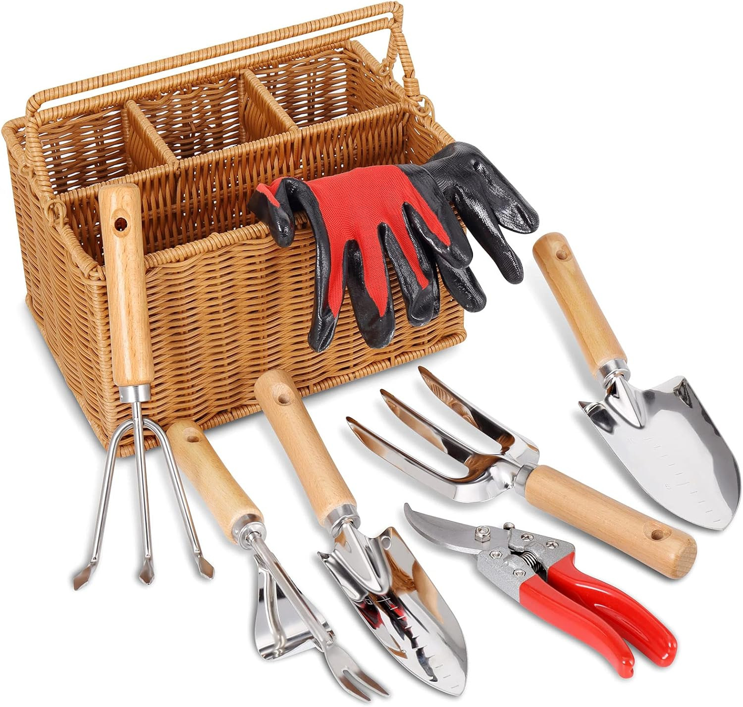 Garden Tools Set with Basket, Heavy Duty Stainless Steel Gardening Hand Tool wit