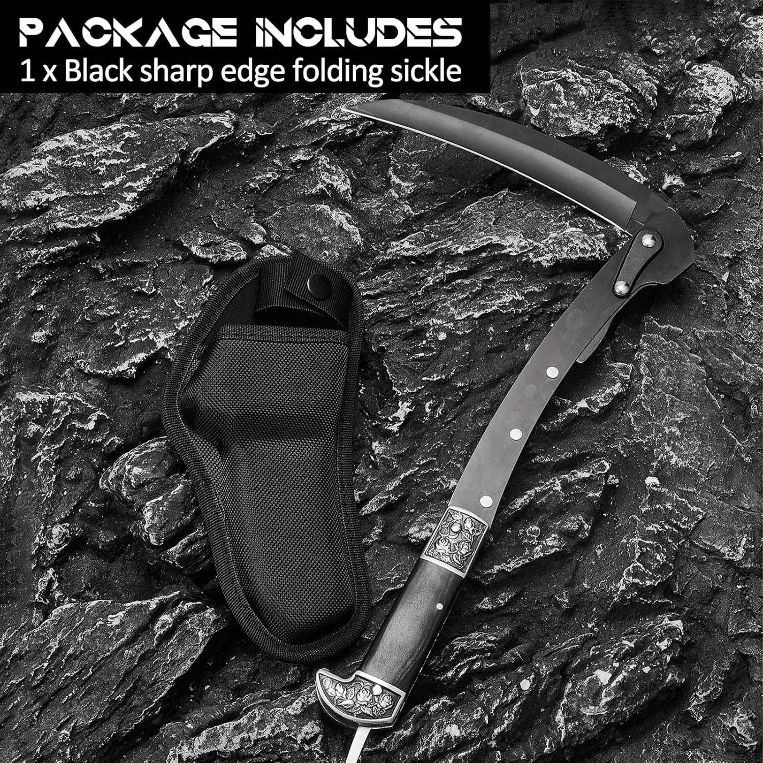 Portable Black Sharp Folding Sickle with Protective Sheath – Ideal for Gardening