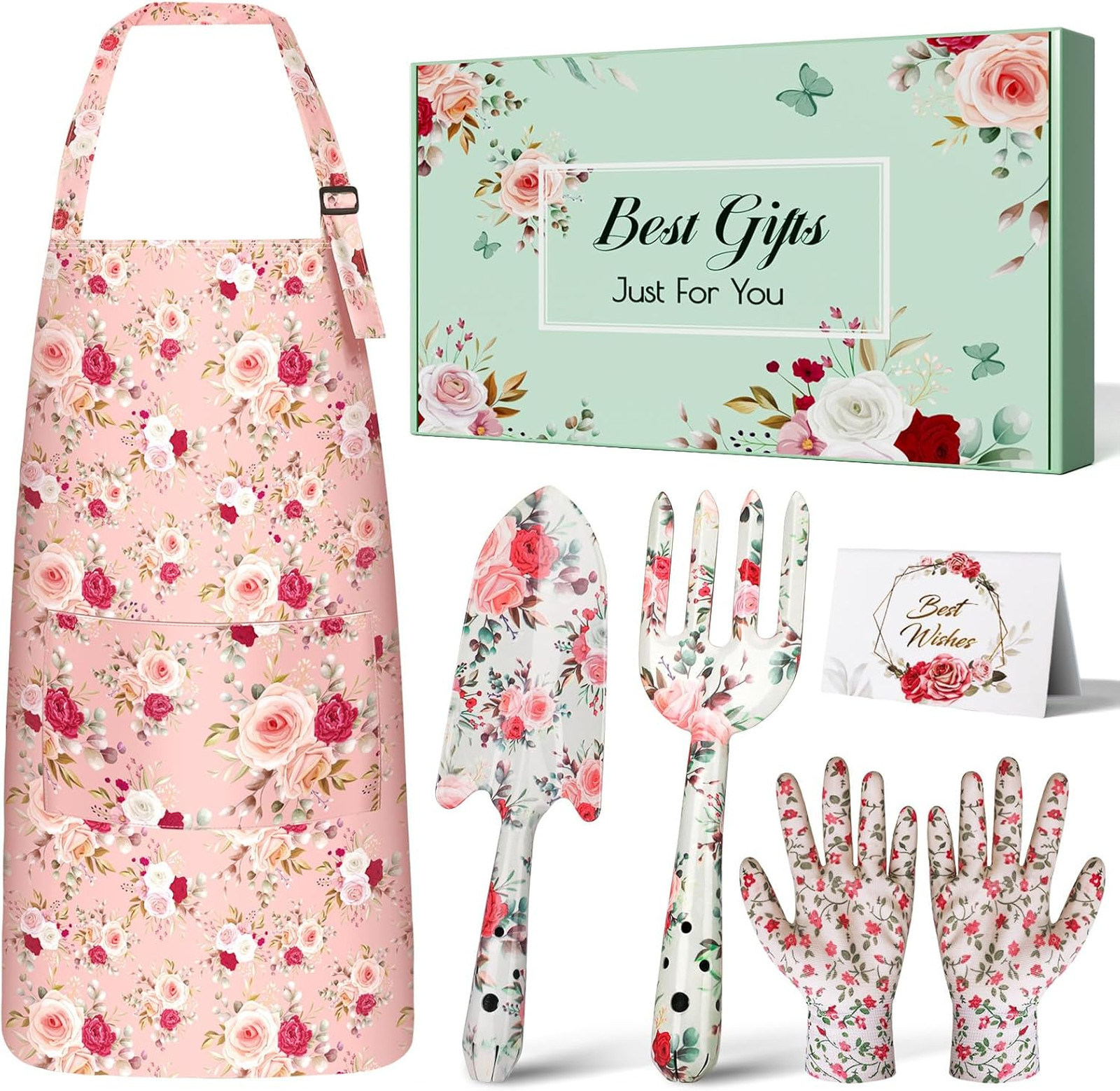Gardening Tools Set Pink for Women with Gloves Apron Trowel Fork Gardening Gifts