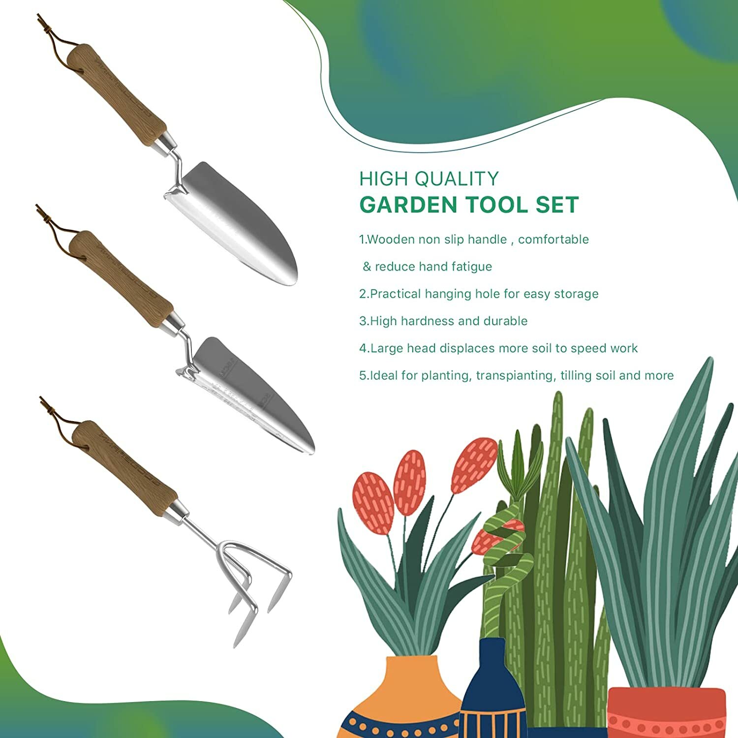 GOODSMANN Garden Tools Set, 3 Piece Stainless Steel Gardening Kit, Hand Trowel