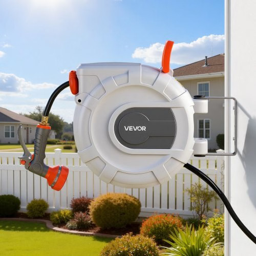 Retractable Garden Hose Reel, 1/2 in x 50 ft, Wall Mounted Hose Reel with 9-Func