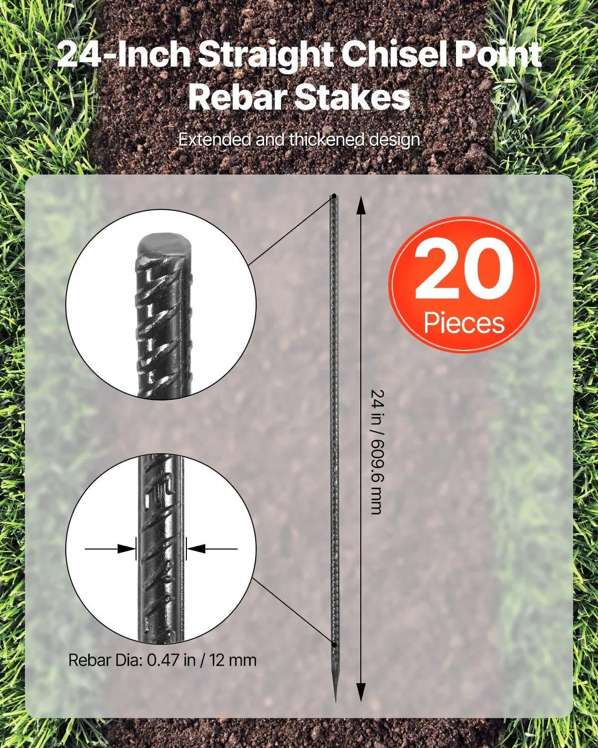 Rebar Stakes, 24-Inch, Heavy-Duty 0.47 in Diameter, Straight Galvanized Steel G