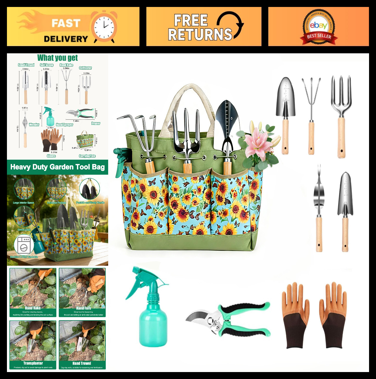 9-Pc Heavy Duty Stainless Steel Garden Tool Set w/Bag & Yellow Flower – Perfect