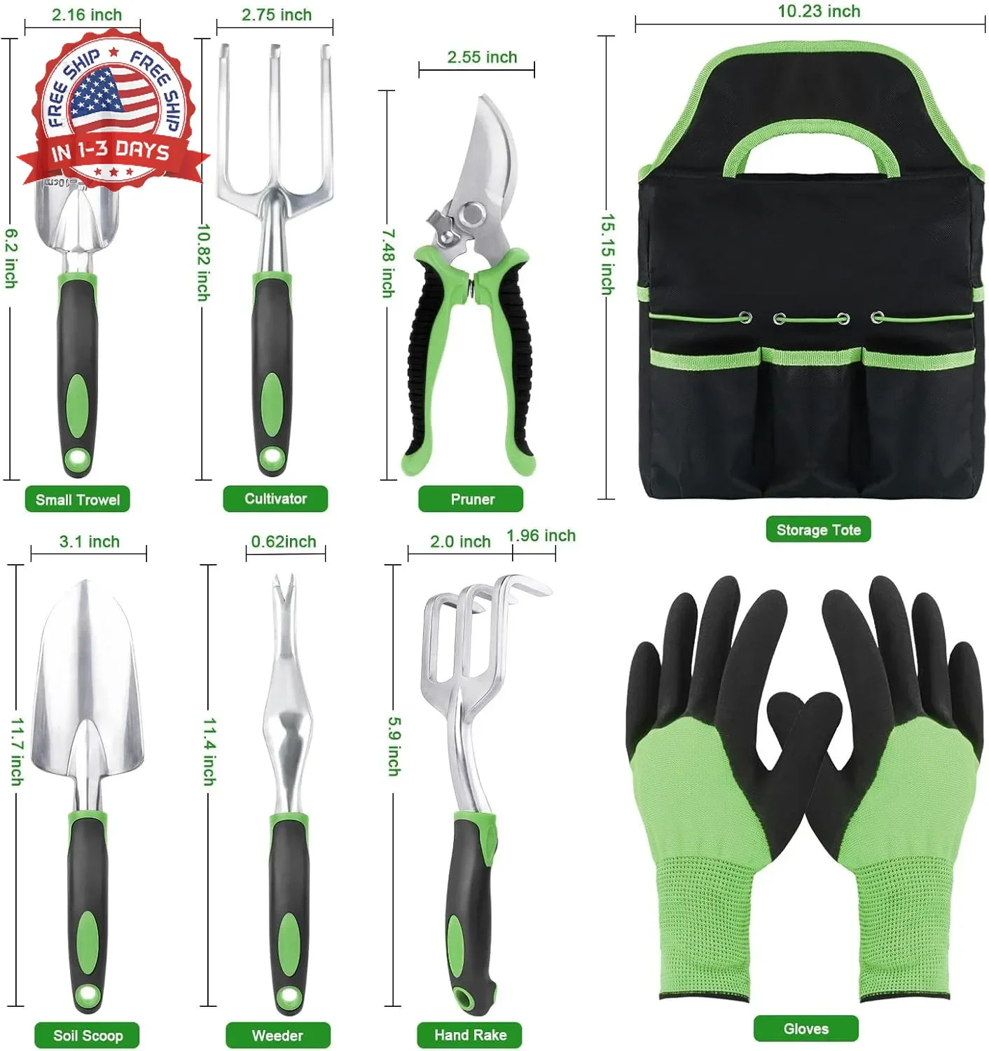 Garden Tools Set, 8 Piece Gardening Tools Set with Non Slip Ergonomic Handle, He