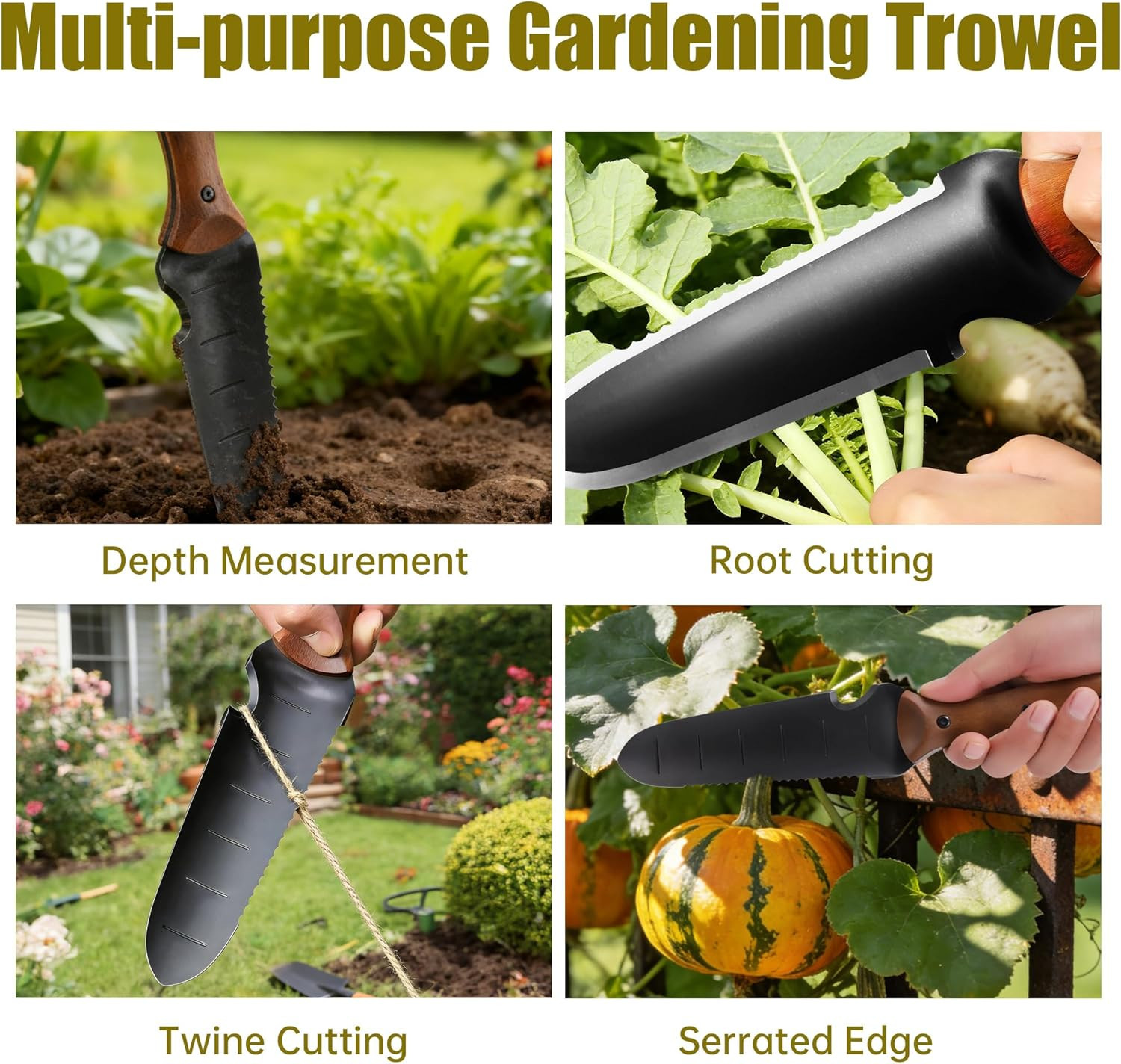 12-Inch Garden Trowel with Full-Tang Wooden Handle & Black Stainless Steel Blade