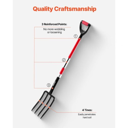 Garden Fork, 4-Tine Gardening Pitchfork with Fiberglass Handle, 45 in Heavy Duty