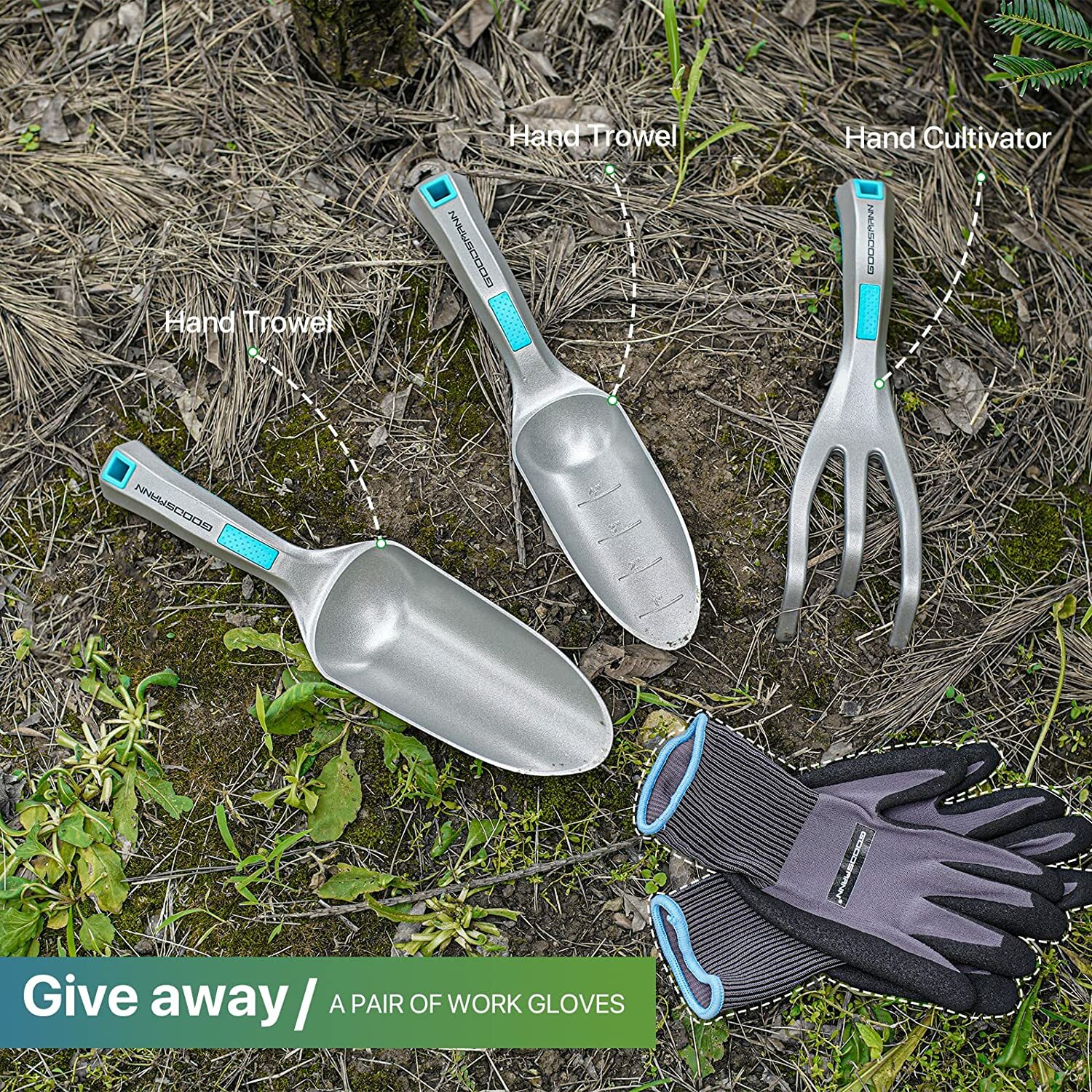 GOODSMANN Garden Tool Set, Die-Cast Aluminum Hand Shovel Cultivator Transplanter