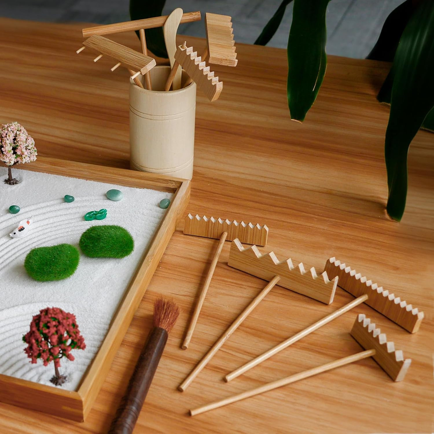 Zen Garden Tools Kit with Rake, Bamboo, Stones for Meditation and Decor