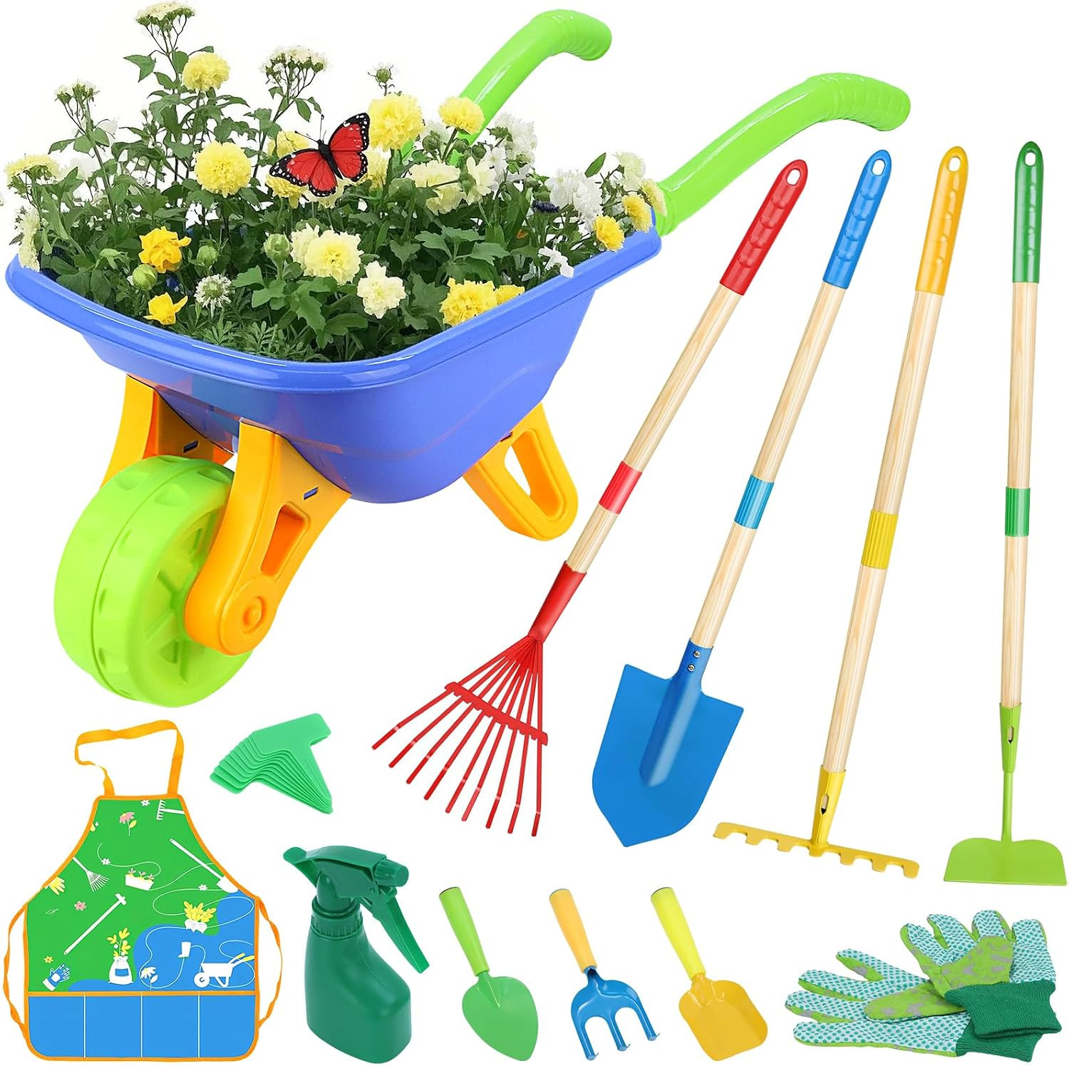11-Piece Kids Gardening Set with Wheelbarrow, Shovel, Rake, Hoe, Gloves & Apron