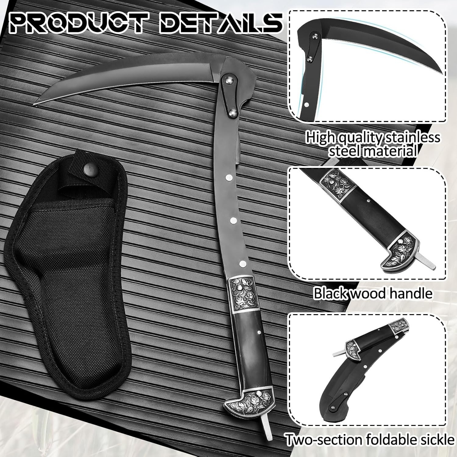 Portable Black Sharp Folding Sickle with Protective Sheath – Ideal for Gardening