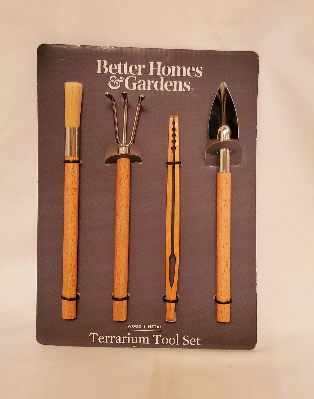 Better Homes & Gardens Terrarium Tool Set Wood Metal Rake Shovel Brush Tweezers