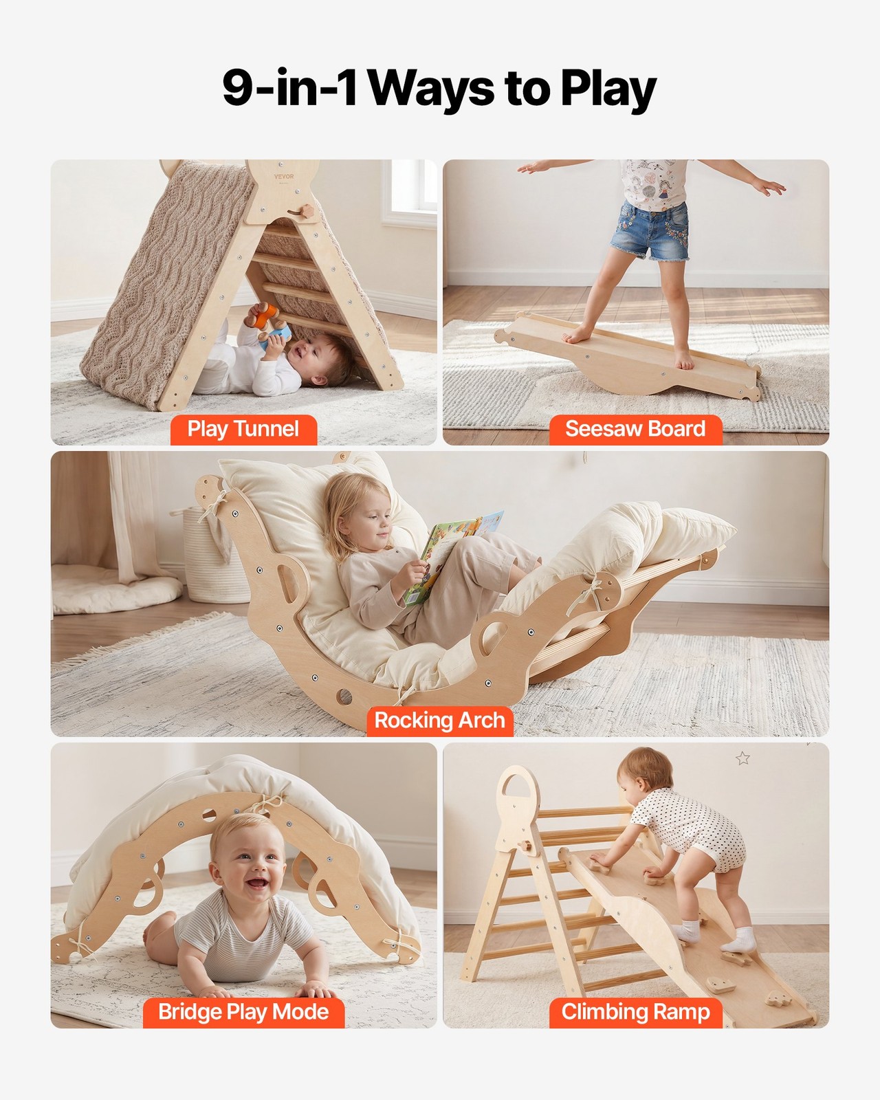 Pikler Triangle Set, 9-in-1 Toddler Climbing Toys Indoor, with 2 Wooden Cars, Cu