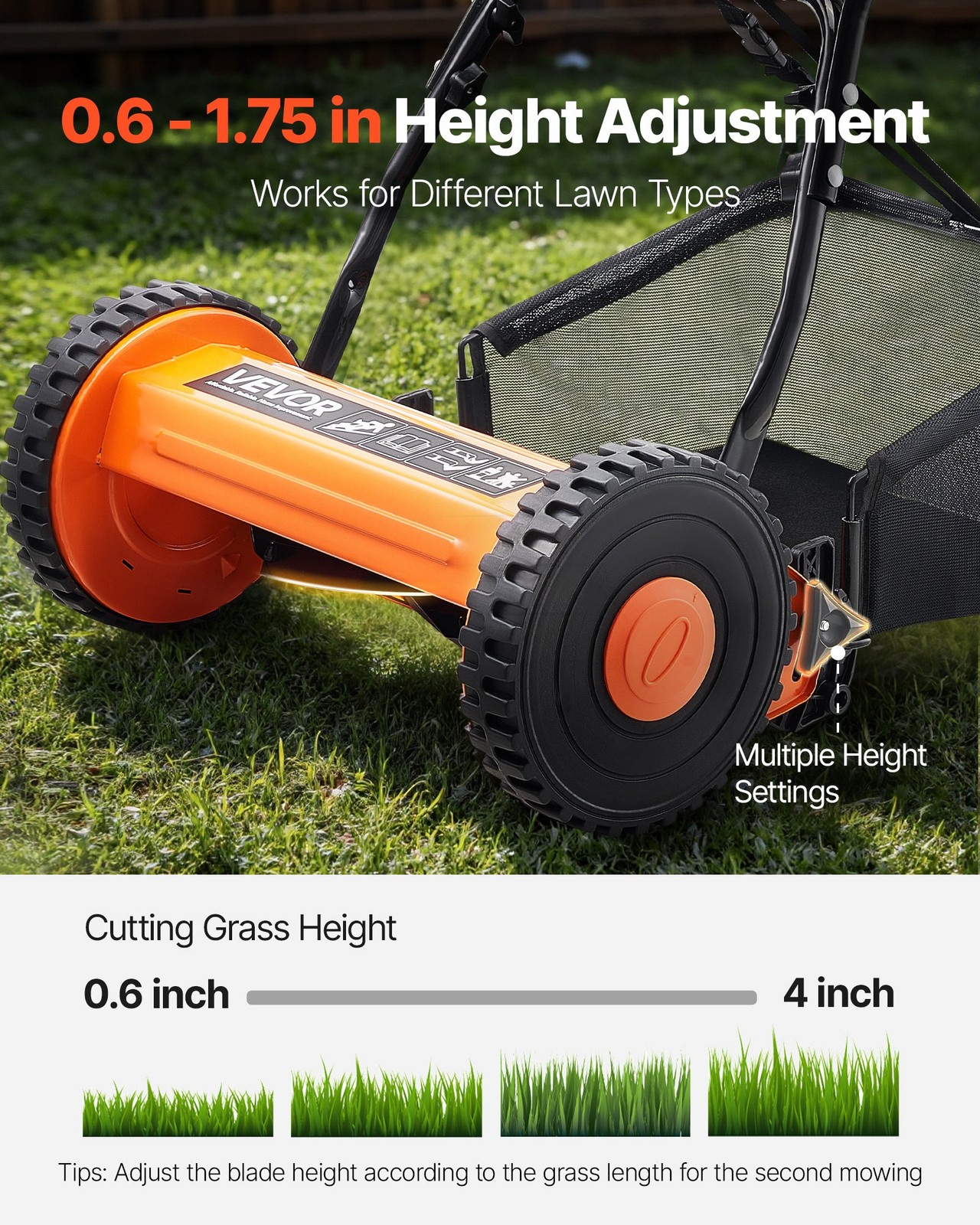 Push Reel Lawn Mower 14 inch,5 Blades Manual Push Mower No Motor,0.6-1.75 in Adj