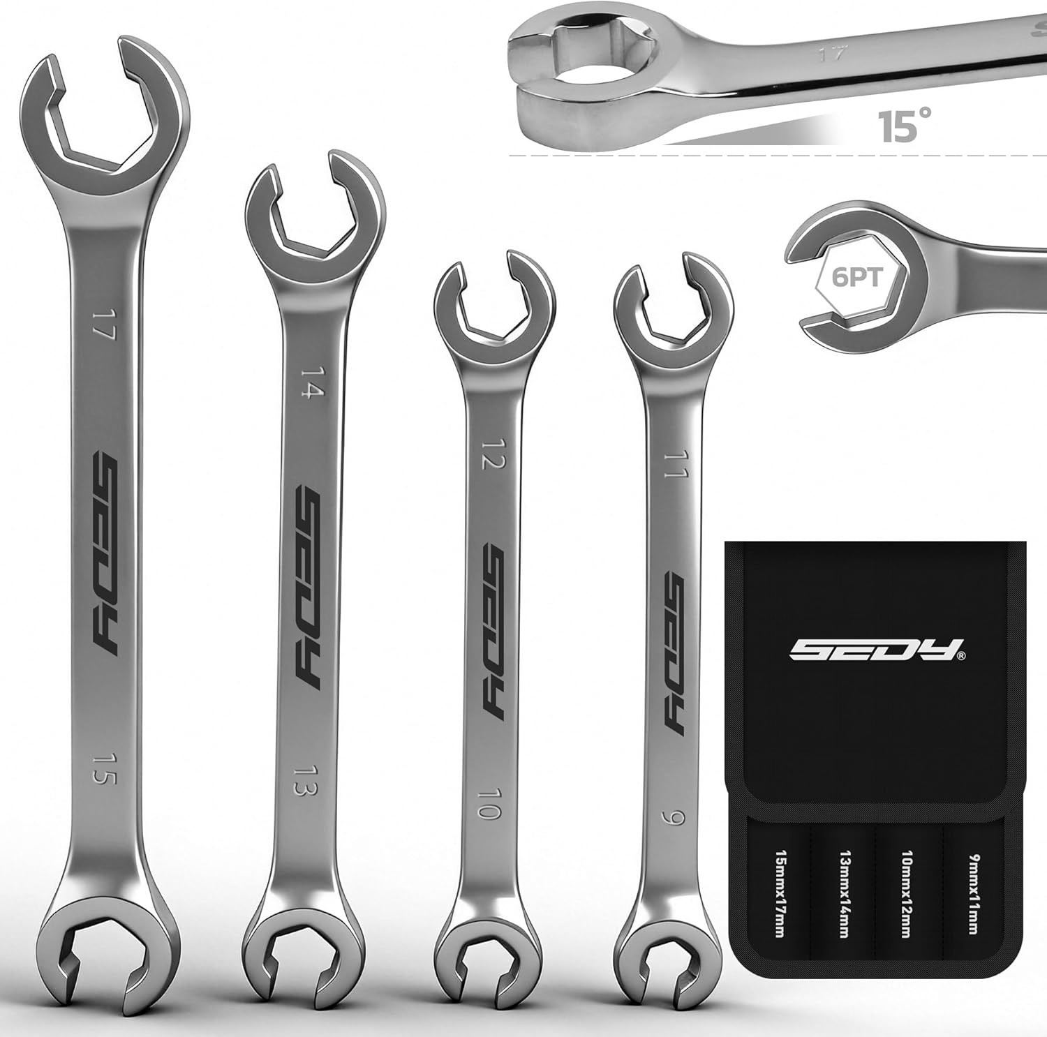 SEDY 4-Piece Flare Nut Wrench Set Metric Offset Spanner Kit 9mm-17mm Auto Repair