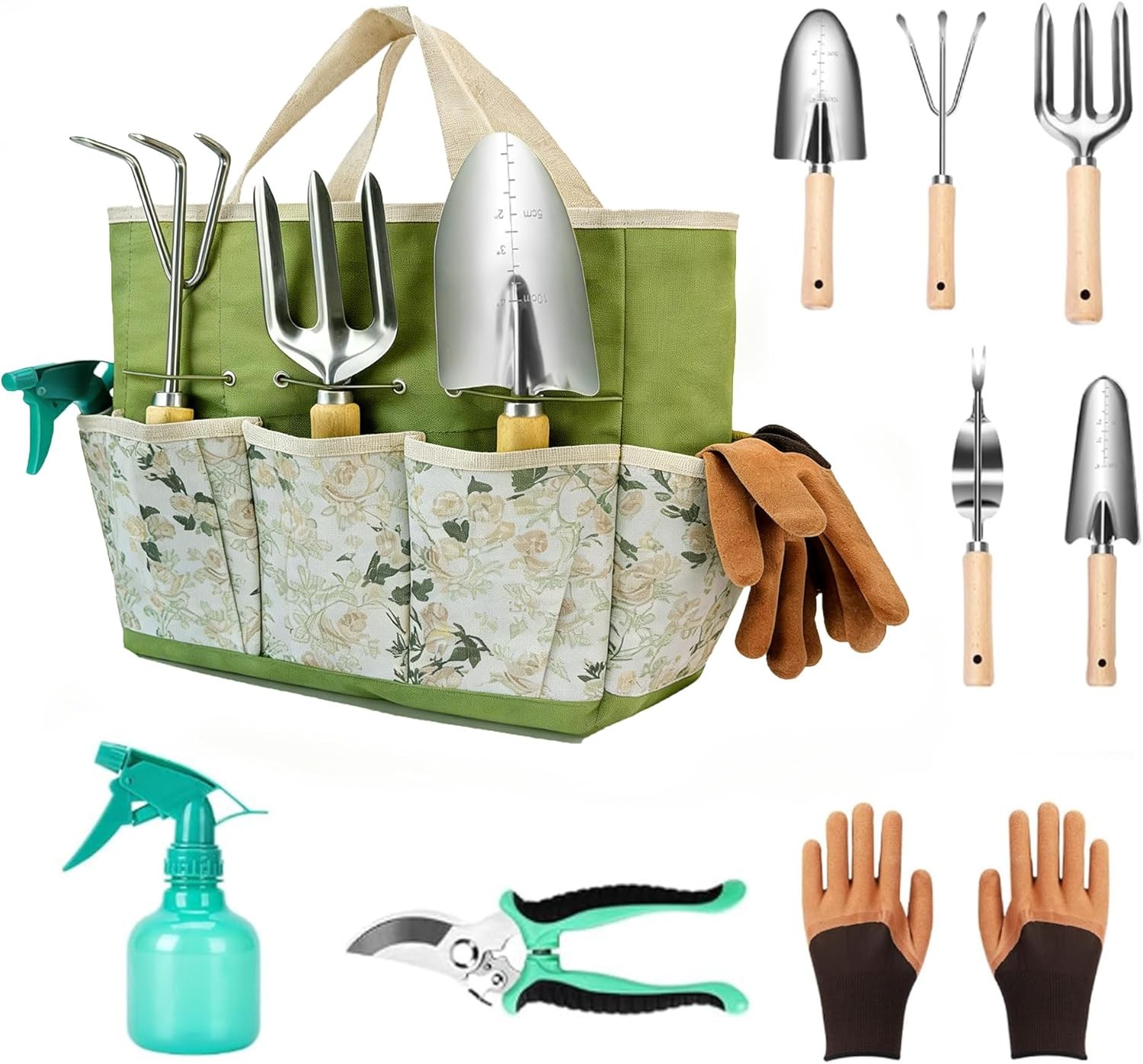 Garden Tool Set 9 Pcs Stainless Steel Heavy Duty Tools with Green Carry Bag