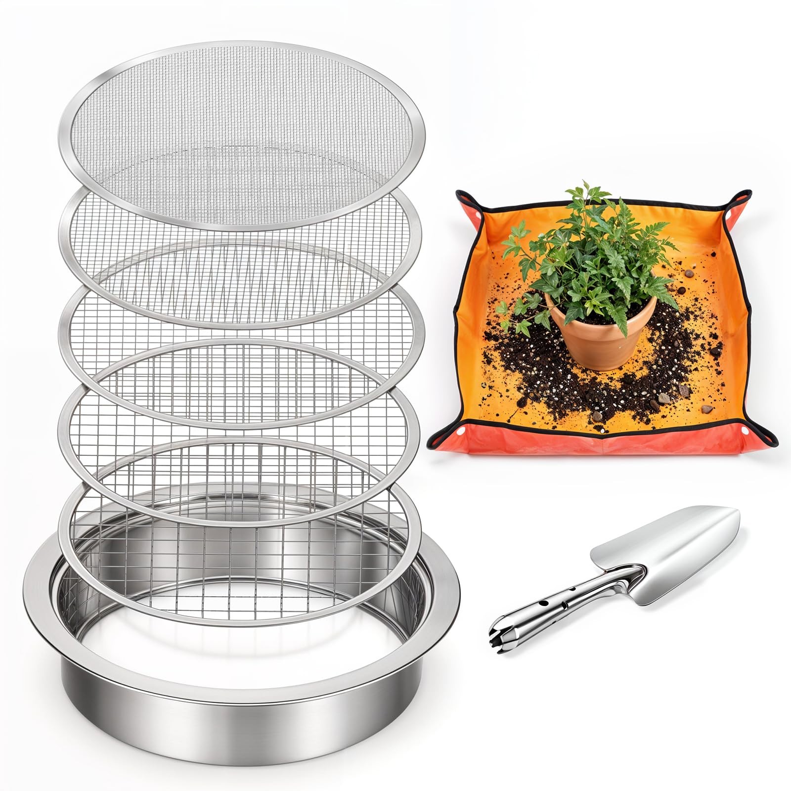 8 PCS Soil Sifter Set for Garden, Stainless Steel Soils Sieve Set, Compost Si…