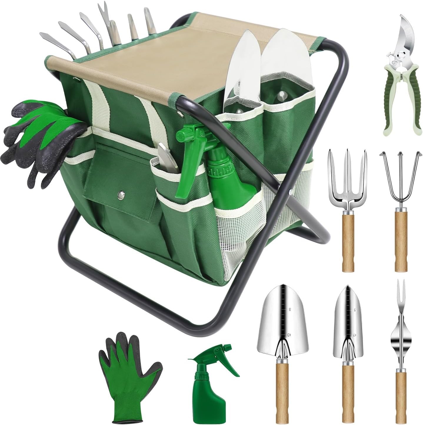 10Pcs Garden Tool Set with Folding Stool Heavy Duty Gardening Gifts for Women
