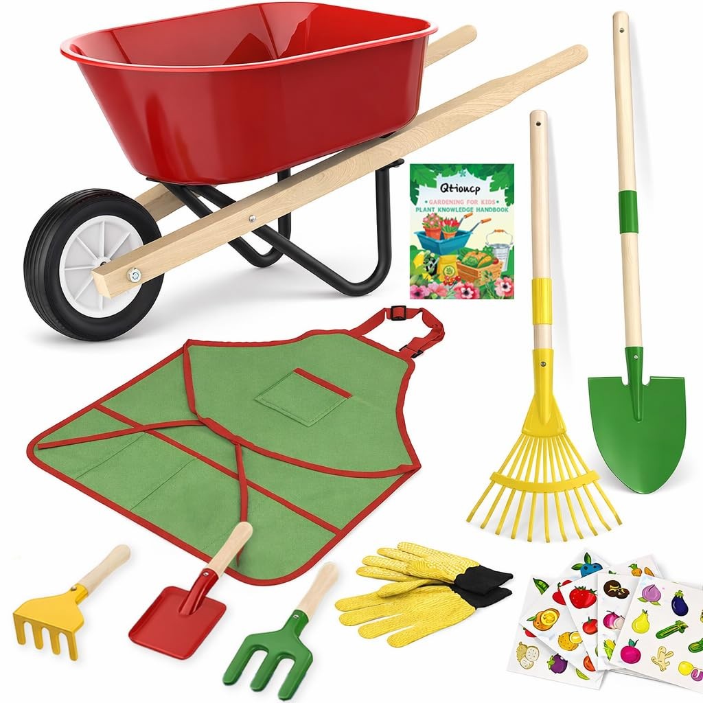 Gardening Wheelbarrow Set, Metal & Wooden Garden Tools for Ages 3-8, Real Whe…