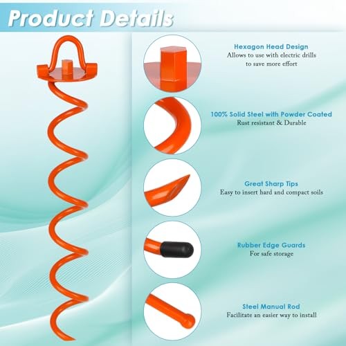 FEED GARDEN 16 Inch Spiral Ground Anchors Heavy Duty Screw Stakes 4 Pack Orange