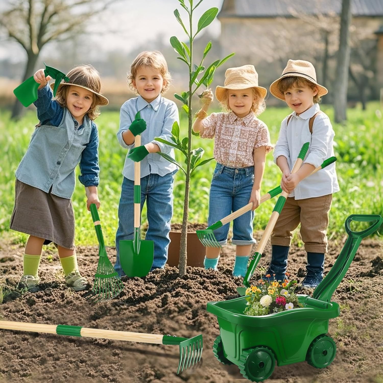 Kids Gardening Tool Set 7PCS Wheelbarrow Shovel Rake Outdoor Garden Toys
