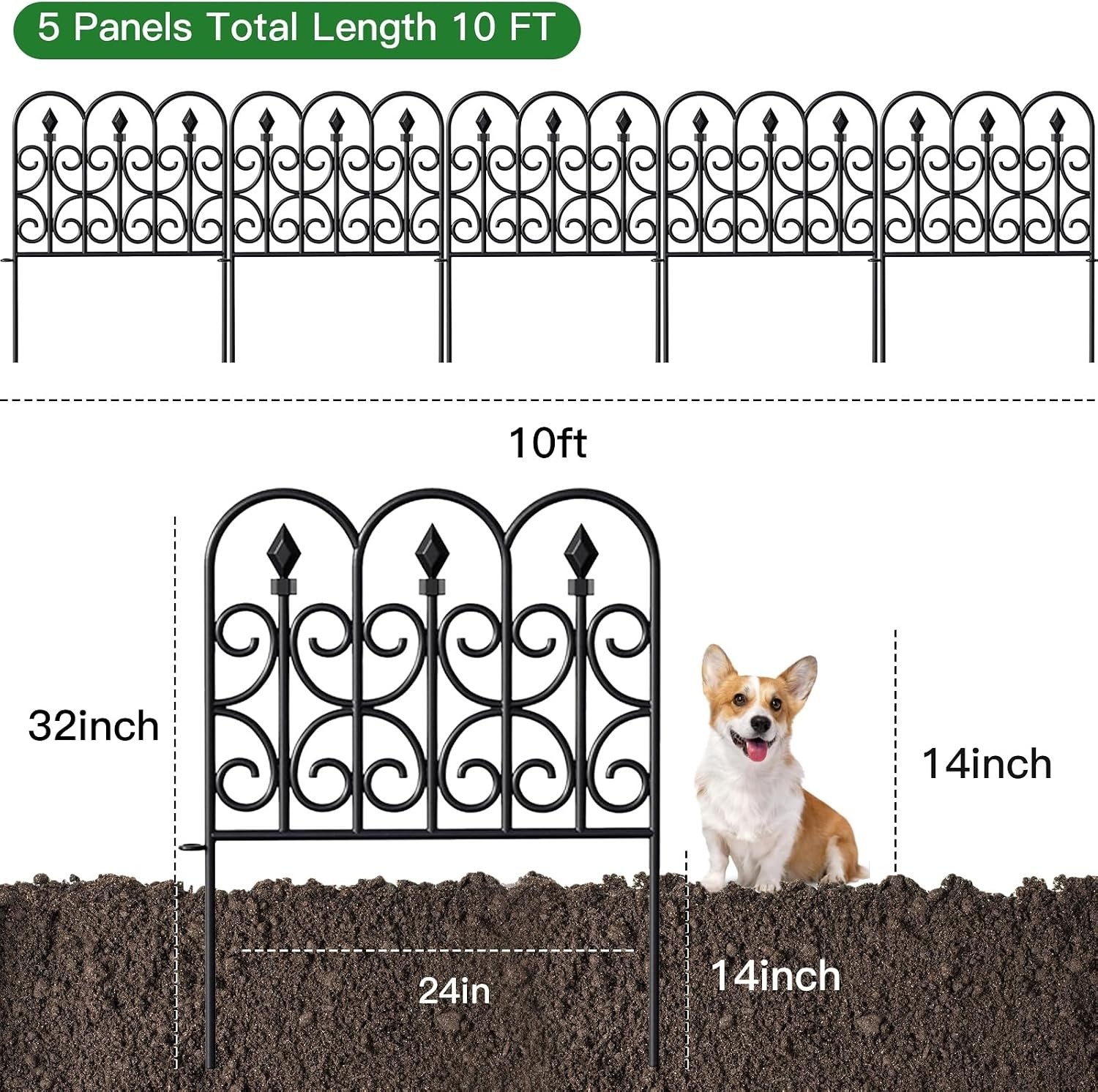 5 Panels 32in(H)×10ft(L) Decorative Garden Fences and Borders for Dogs No Dig