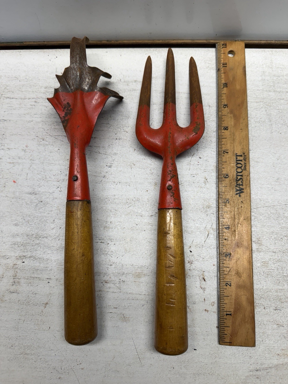 Vintage Garden Fork & Cultivator 1960s Orange Painted Metal & Wood Hand Tools