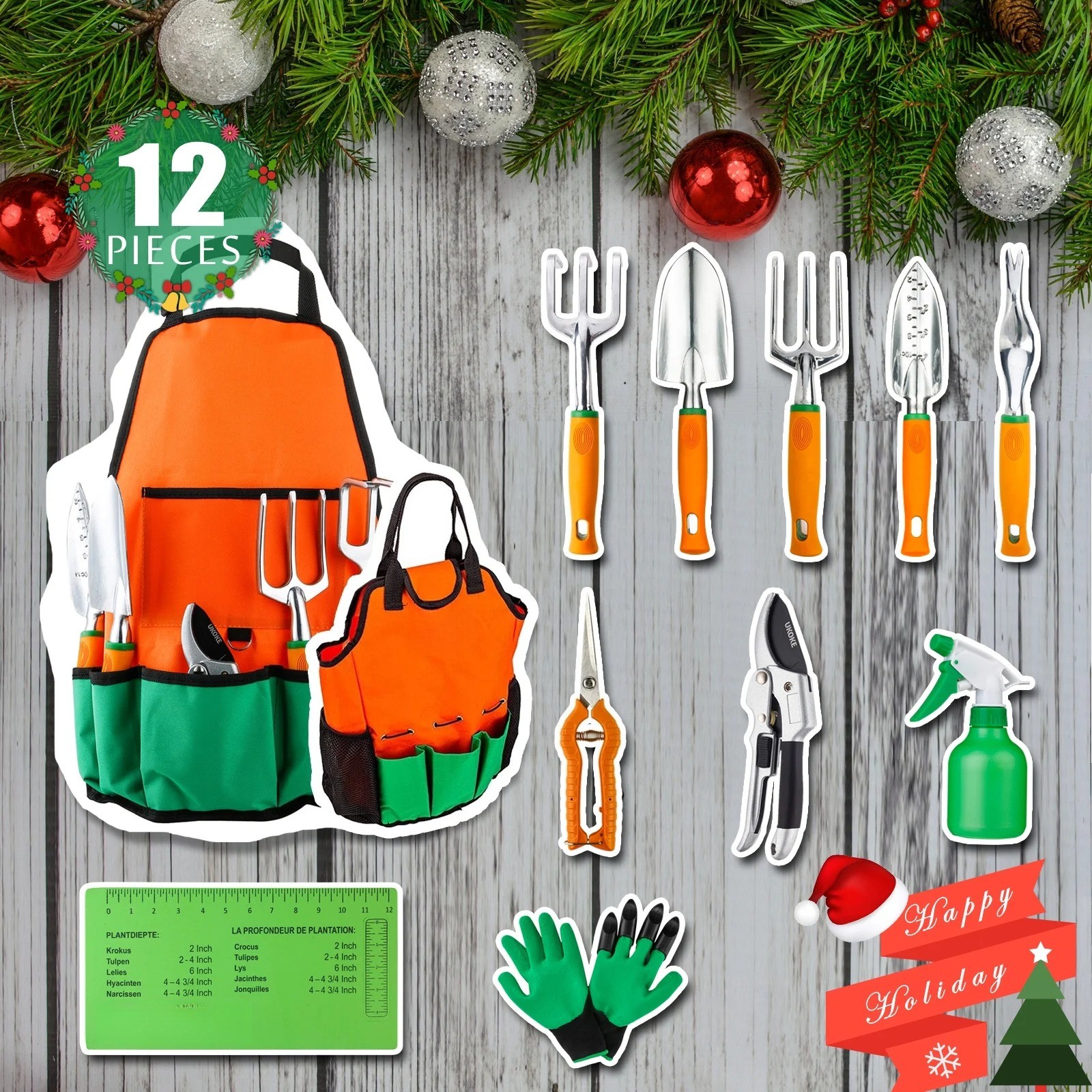 12 Piece Aluminum Garden Tools Set, Gardening Apron with Storage Pocket