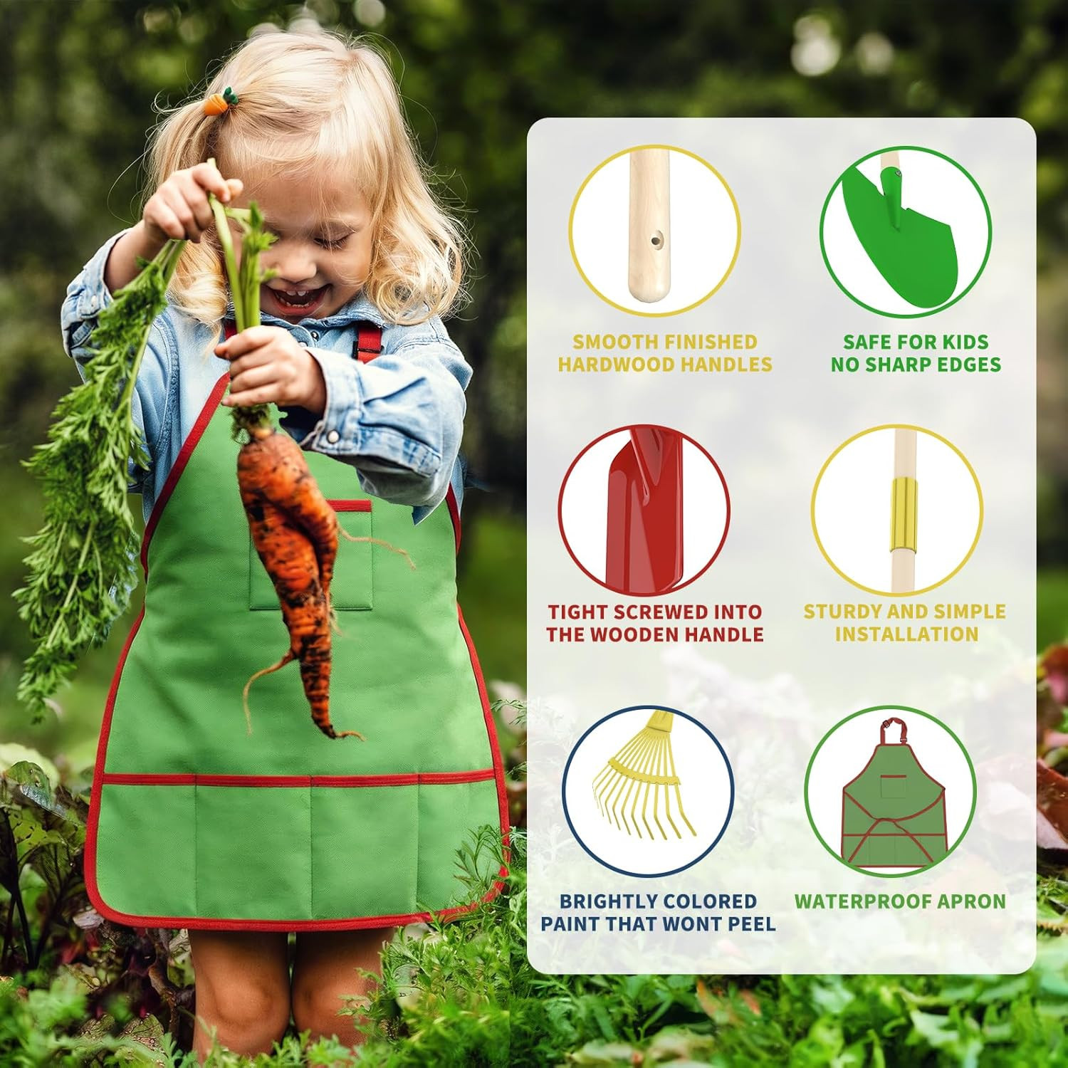 Qtioucp Kids Gardening Wheelbarrow Set, Metal & Wooden Garden Tools for Kids