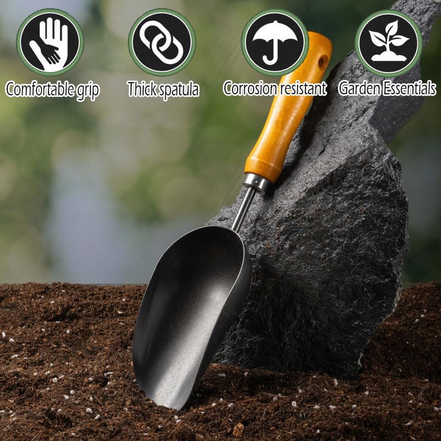 12.6’’ Garden Hand Trowel, Soil Scoop Wooden Handle, Stainless Steel