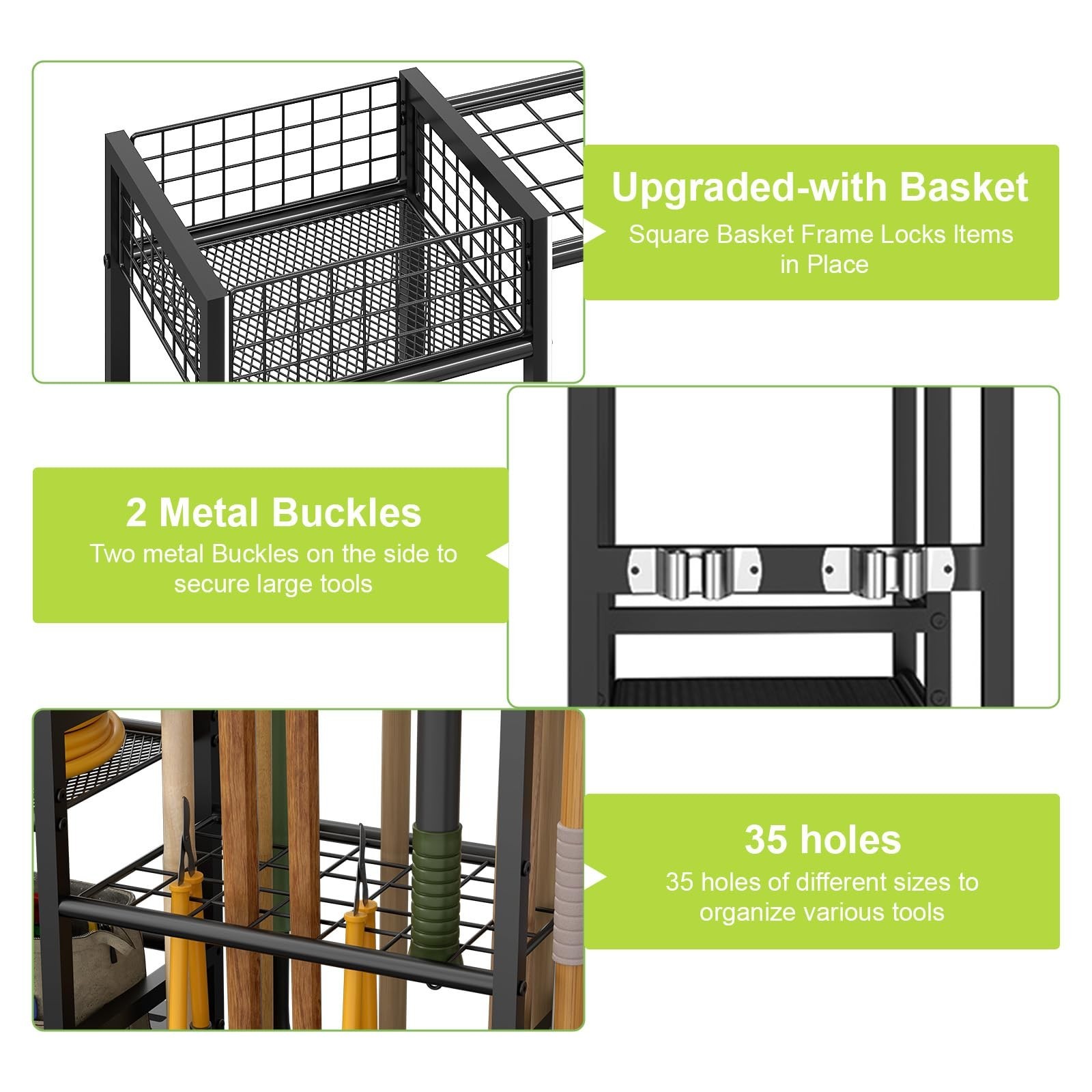 keomaisyto Garden Tool Organizer With Basket – 3 Tier Yard Storage Rack for G…