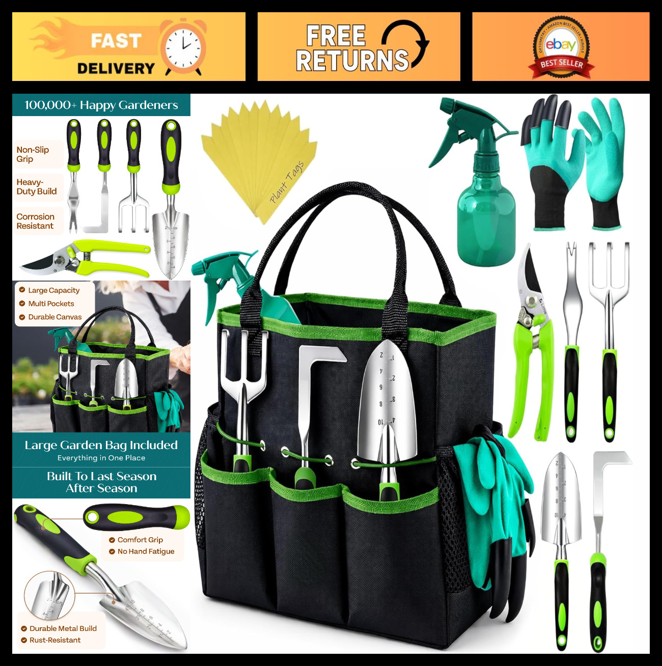 Durable Ergonomic Gardening Tools Set – Heavy Duty Garden Gifts for All – Green