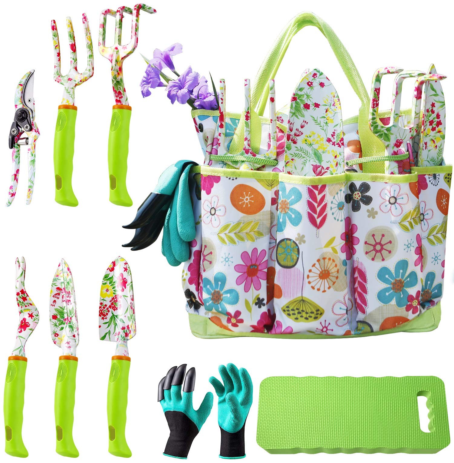 Garden Tool Set for Women, 10~Piece with Gloves, Tote & Kneeling Pad