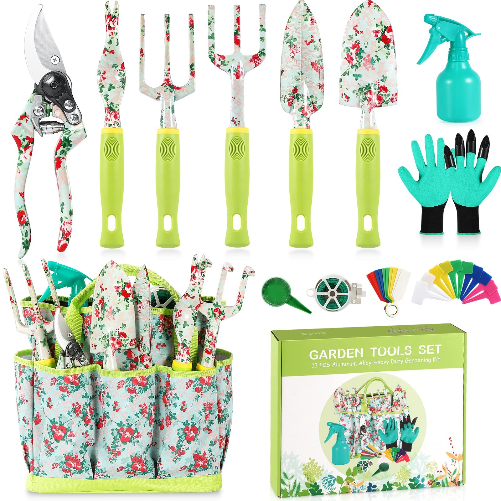 Gardening Tool Set 13 Pcs Heavy Duty Aluminum Gardening Tools Kit Floral Print G