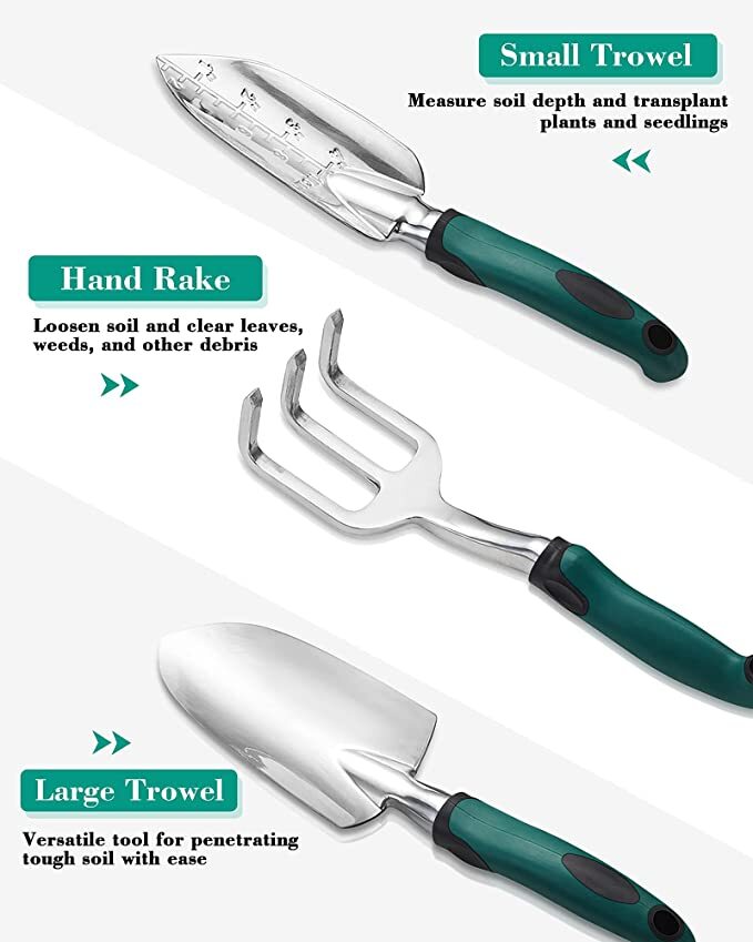 FiveJoy Garden Tool Set, 11 Piece Aluminum Alloy Steel Hand Tool Starter Kit.