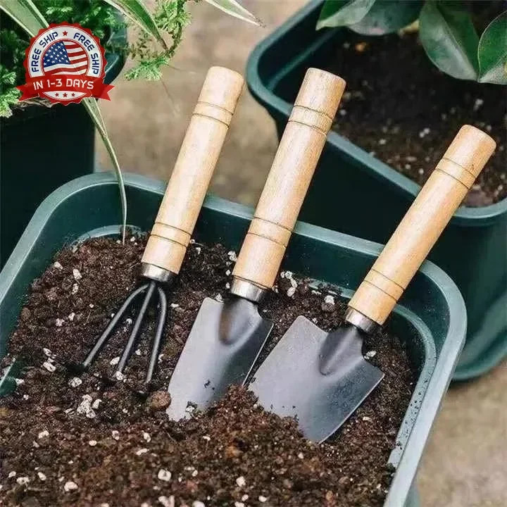 Mini Gardening Tool Set, Shovel, Spade, Rake Kit with Ergonomic Wooden Handles,