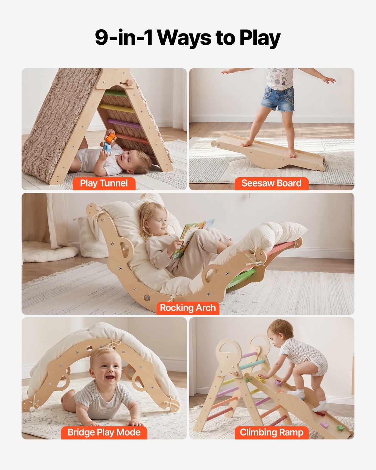 Pikler Triangle Set, 9-in-1 Toddler Climbing Toys Indoor, with Xylophone, Cushio